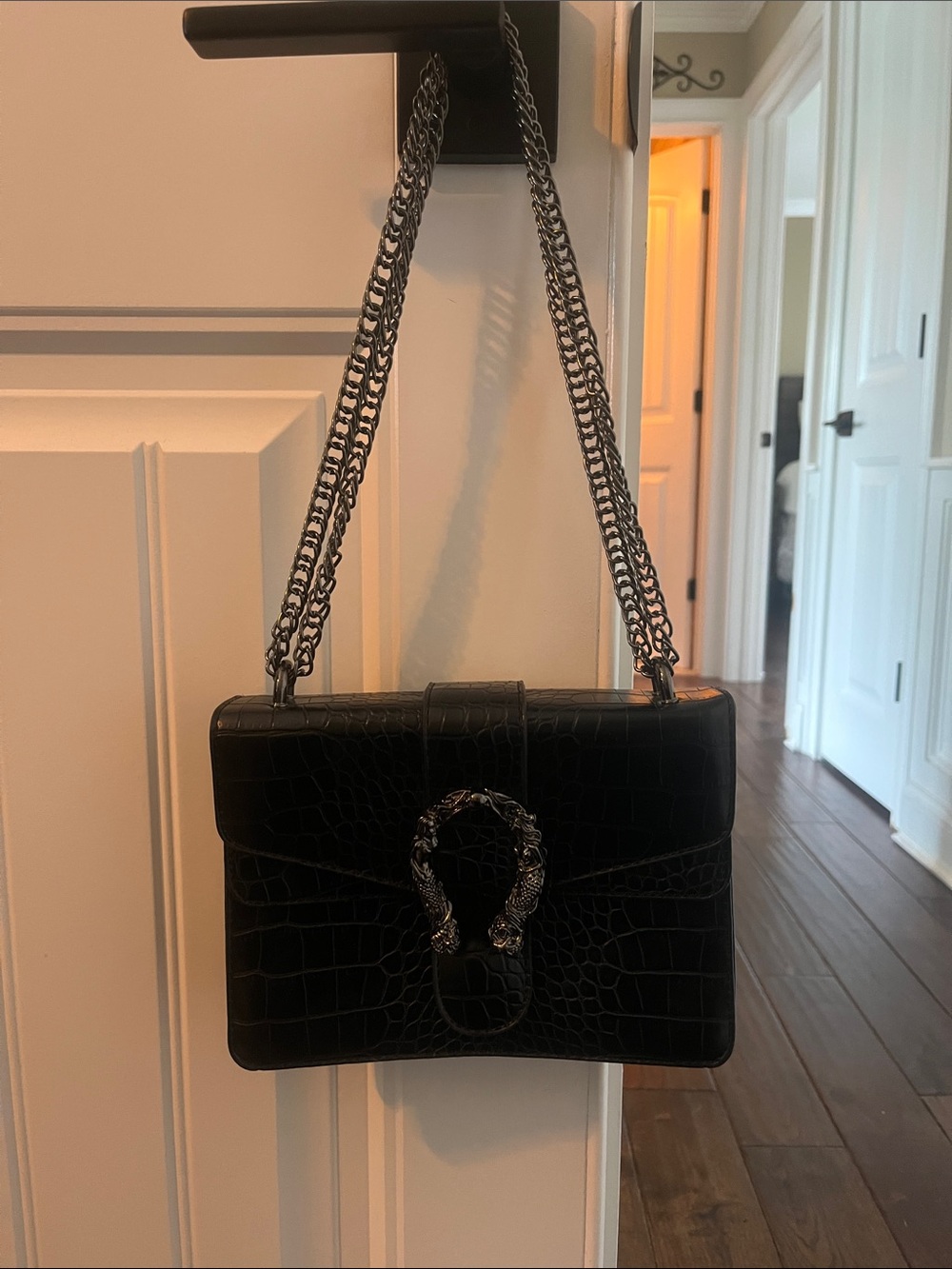 Black Croc-Embossed Chain Shoulder Bag
